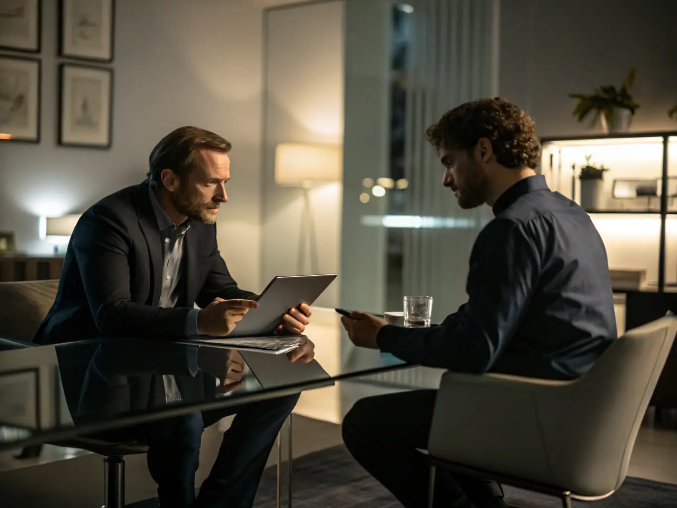 A professional consultant is presenting AI transformation strategies to a client in a modern office setting, emphasizing the integration of AI to improve business processes and customer experience.