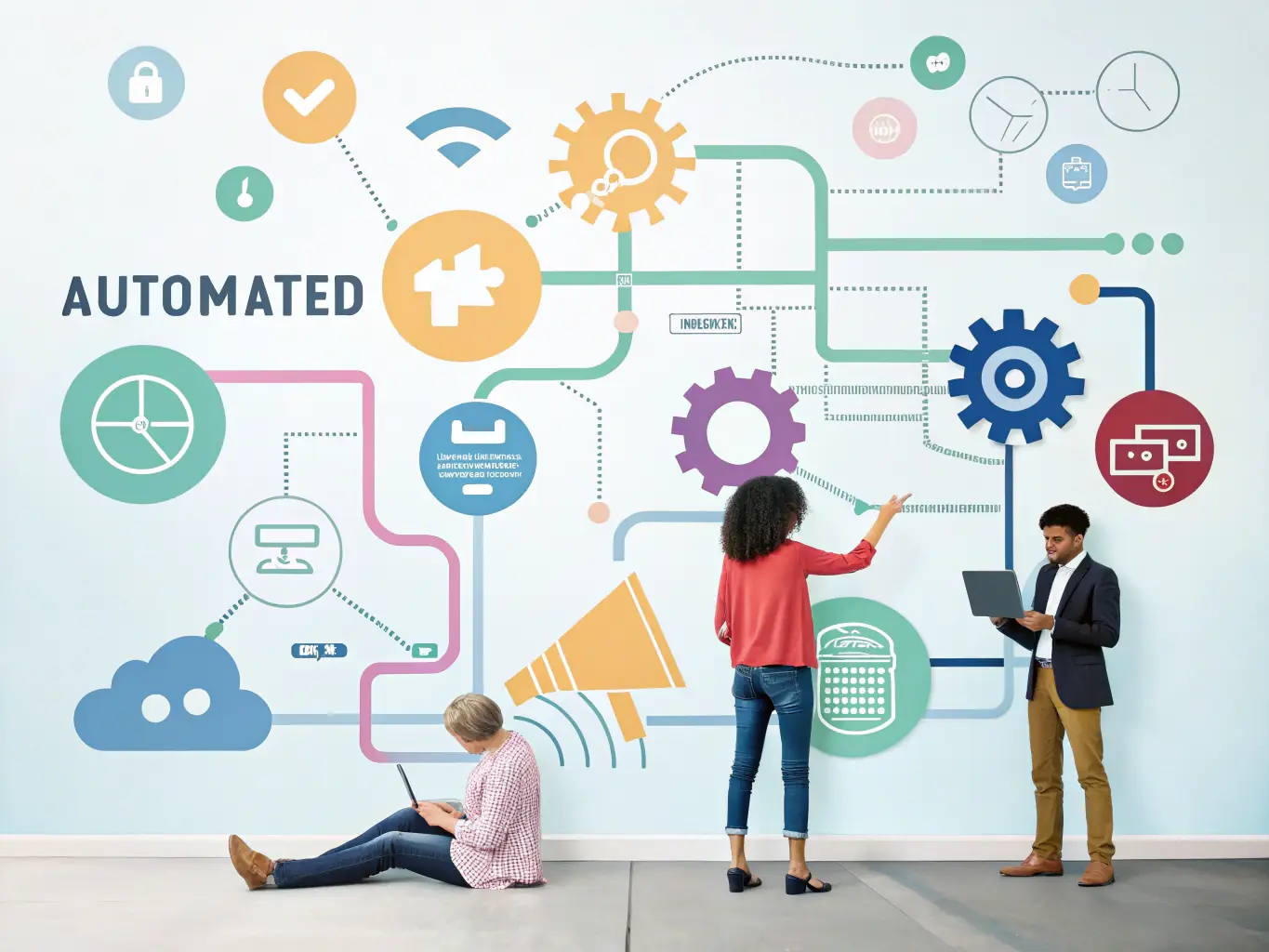 A graphic representation of various MarTech tools integrated into a seamless marketing process, highlighting automation, analytics, and customer engagement.