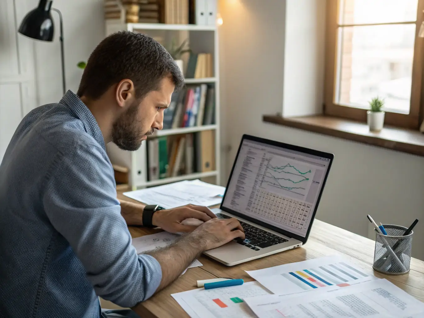 A data scientist is analyzing complex data sets on a large screen, illustrating the process of data transformation and insights generation for business intelligence.